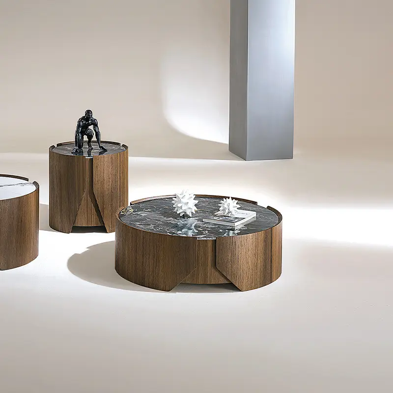 BARLAD Round Set of 2 Sturdy Coffee Table Center Table Marble Look End Table Snackes tae Table for Living Room Bedroom or Apartment (Brown)