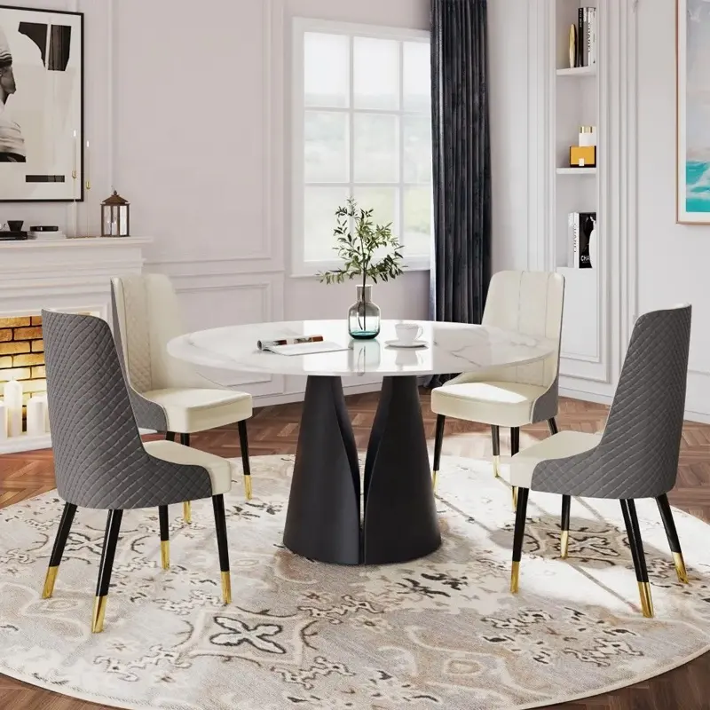 BELIZE Dining Chairs, Pu Leather Seat Chair for Living Room, Bedroom, Restaurant, Modern Contemporary Upholstered with Polished Wooden Legs ( White And Grey)