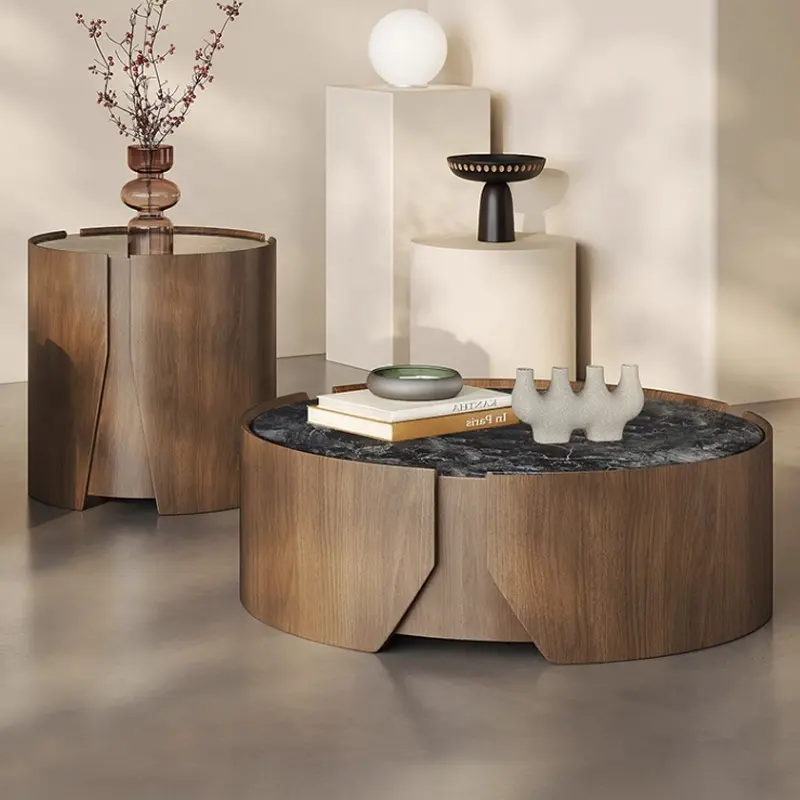 BARLAD Round Set of 2 Sturdy Coffee Table Center Table Marble Look End Table Snackes tae Table for Living Room Bedroom or Apartment (Brown)