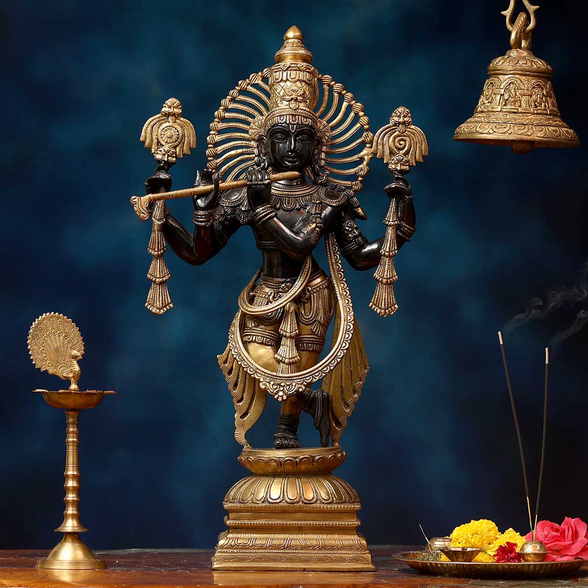 Lord Krishna Brass Statue in Black - 12 x 6.5 x 23.5 Inch, 12.7 Kg