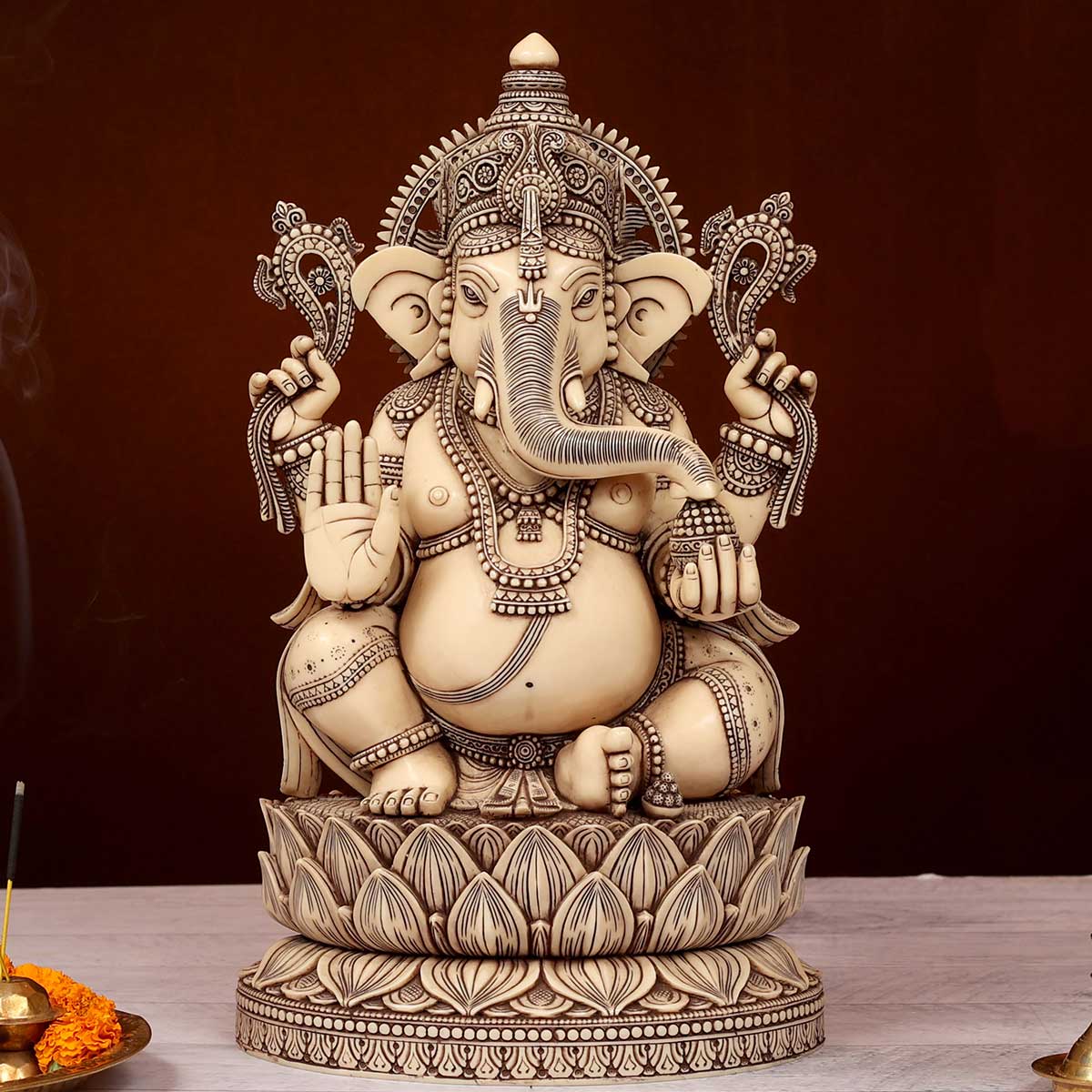 Lord Ganesha sitting on Lotus Idol Ivory made of Soft stone - 9 x 4.5 x 15 Inch, 4.4 Kg