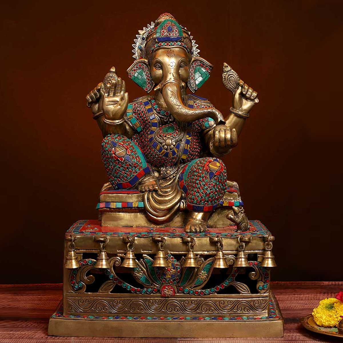 Lord Ganesha color stone sitting on bell stagec Idol made of Pure Brass - 15 x 10 x 21 Inch, 24 Kg