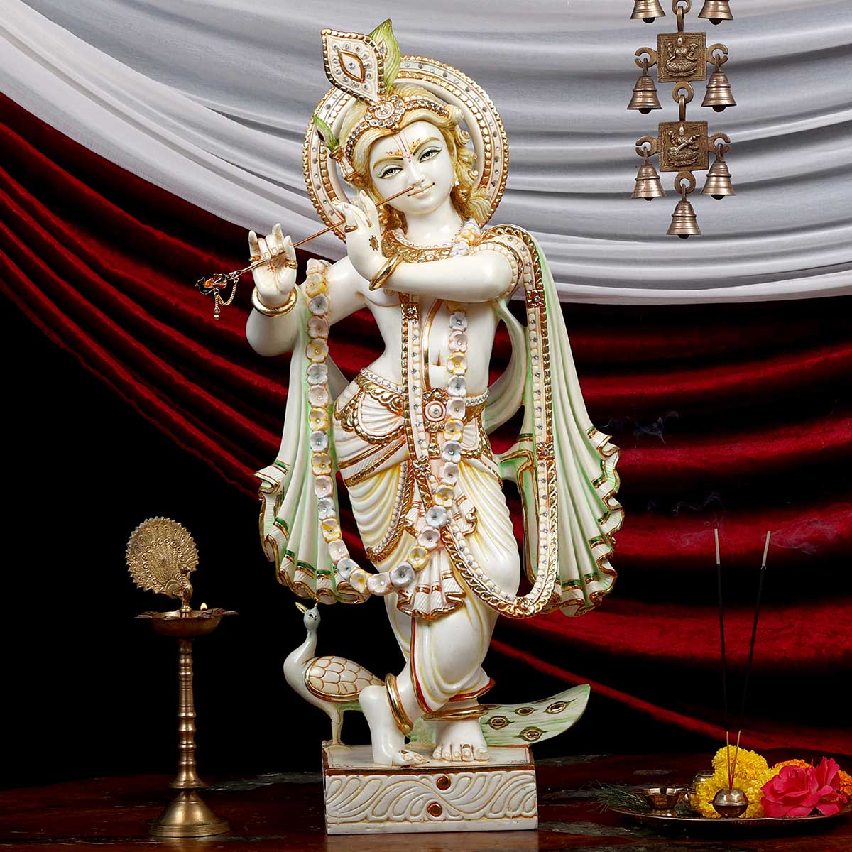 Krishna Playing Bansuri Standing Statue Made of Soft Marble - 15 x 6 x 27 Inch, 15.5 Kg