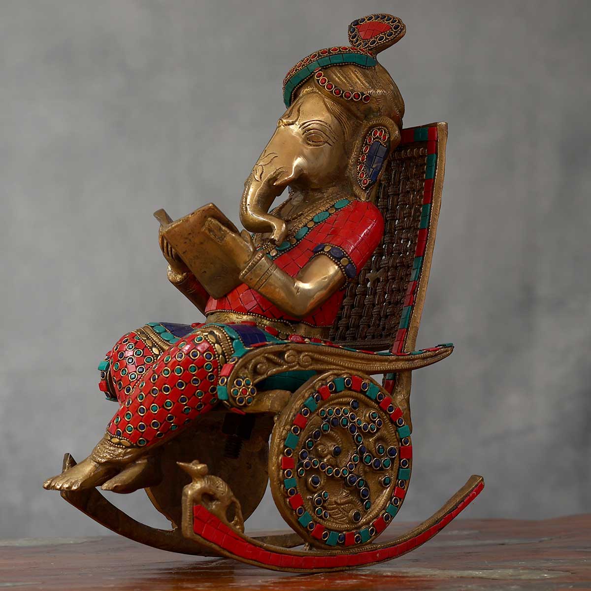 Lord Ganesha Colorful reading Idol made of Pure Brass - 7.5 x 13 x 15.5 Inch, 11.5 Kg