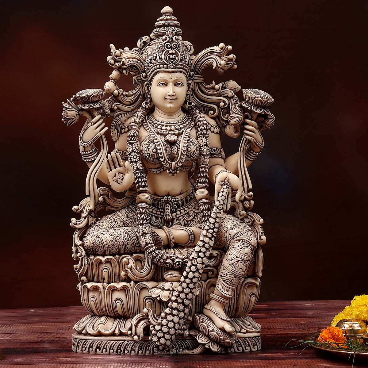 Lord Ivory Laxmi Sitting Made of Soft stone with Ivory finish - 9 x 5.5 x 15.5 Inch, 5 Kg