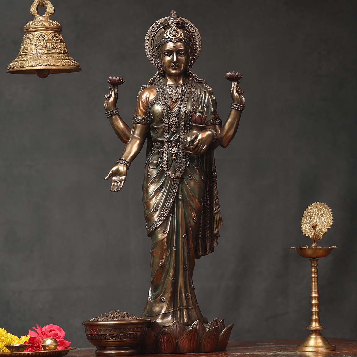 Lord Laxmi Standing With loutas Made of Bronze Composite - 12 x 11.5 x 26 Inch, 5.7 Kg