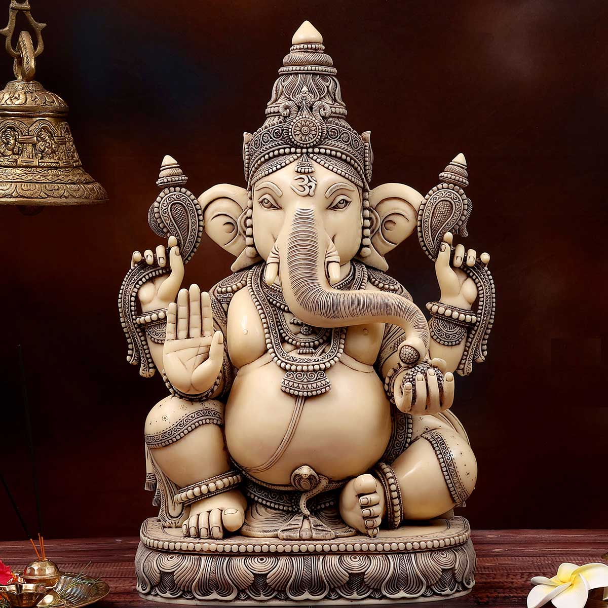 Lord Ganesha Idol Ivory finish made of Soft stone - 12 x 6.5 x 19.5 Inch, 15.7 Kg