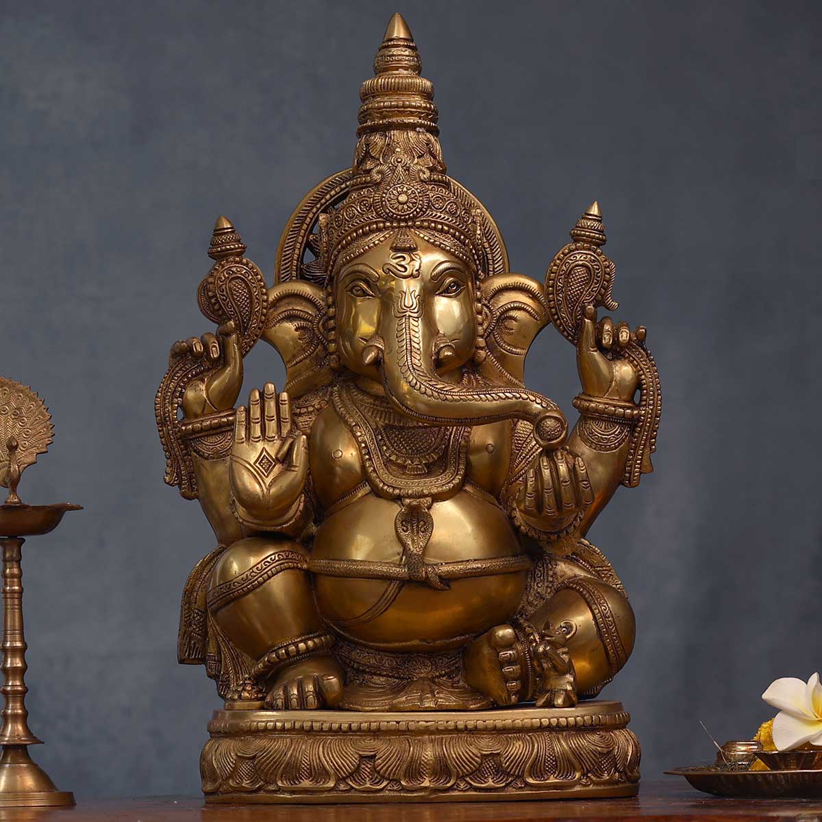 Lord Ganesha sitting Idol made of Pure Brass - 13 x 8 x 21 Inch, 22.7 Kg