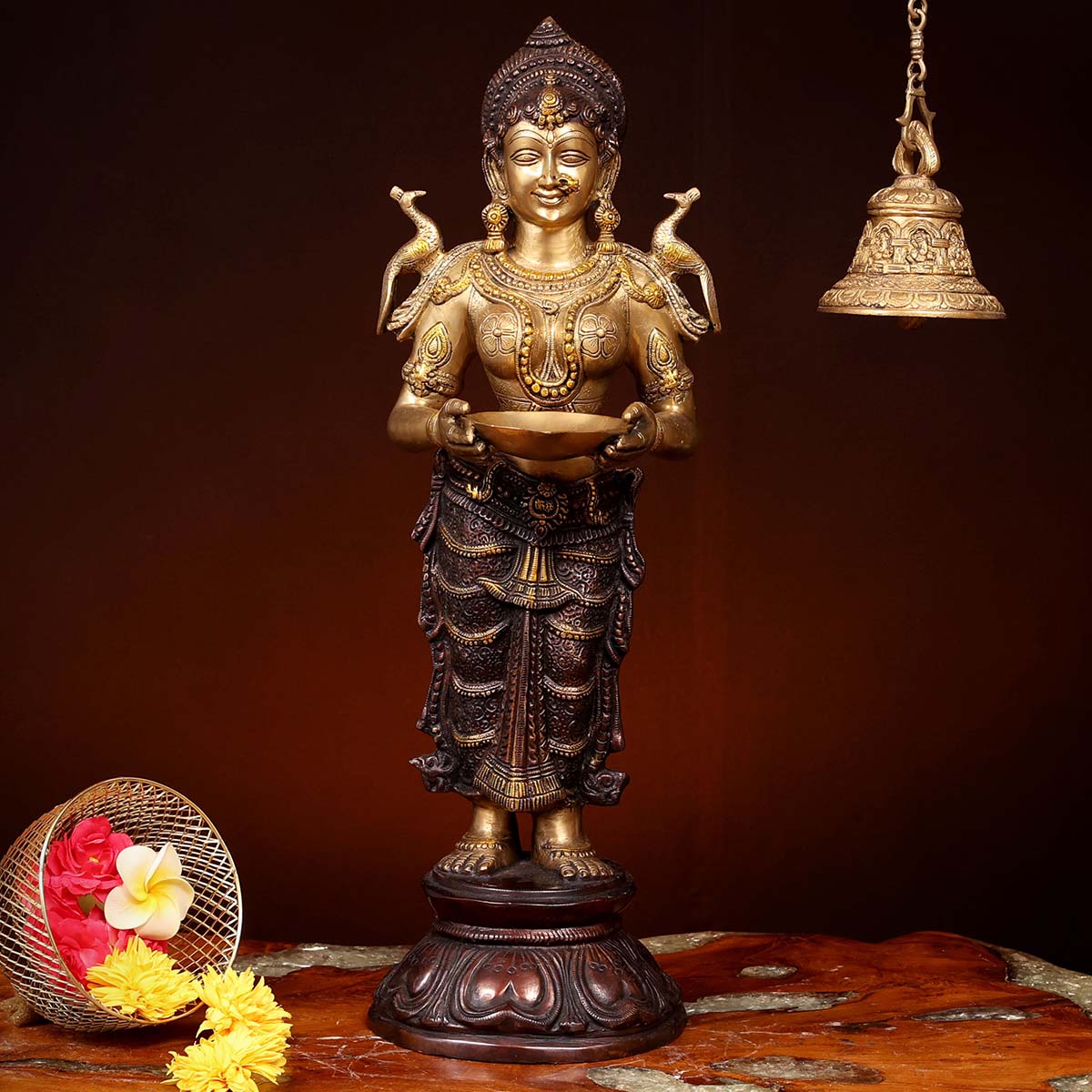 Lord laxmi Standing with Deep Made of Pure Brass - 10 x 9.5 x 30 Inch, 15.8 Kg