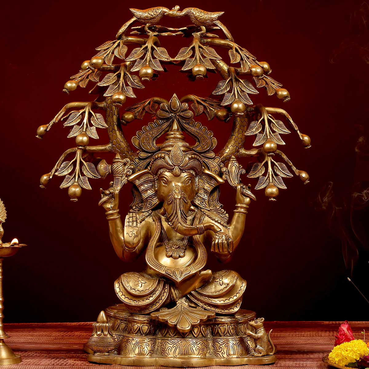 Lord Ganesha sitting under tree and peacocks Idol made of Pure Brass - 22 x 20 x 25 Inch, 28.3 Kg