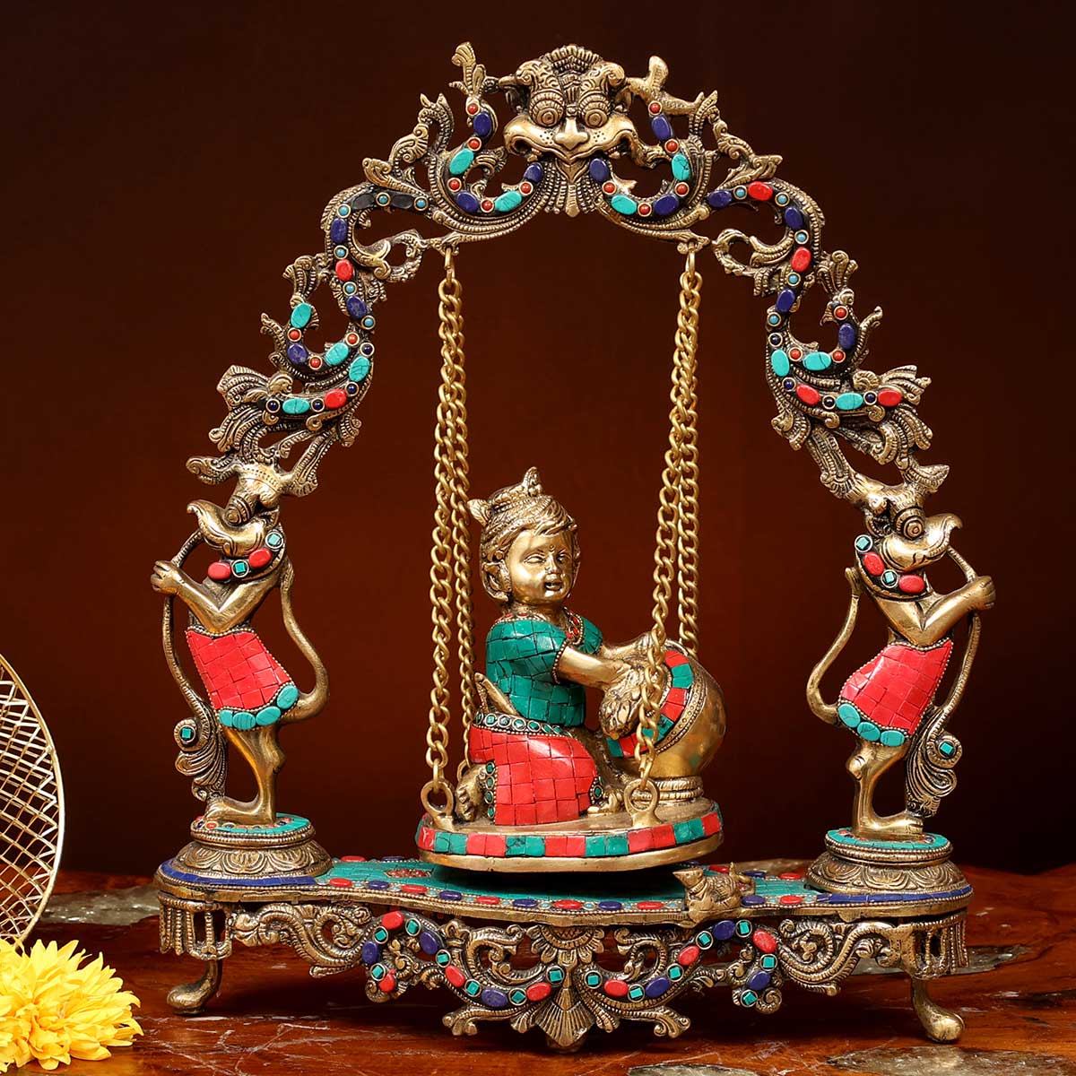 Lord Krishna Sitting on Swing Statue Made of Pure Brass - 16 x 5 x 18 Inch, 7 Kg