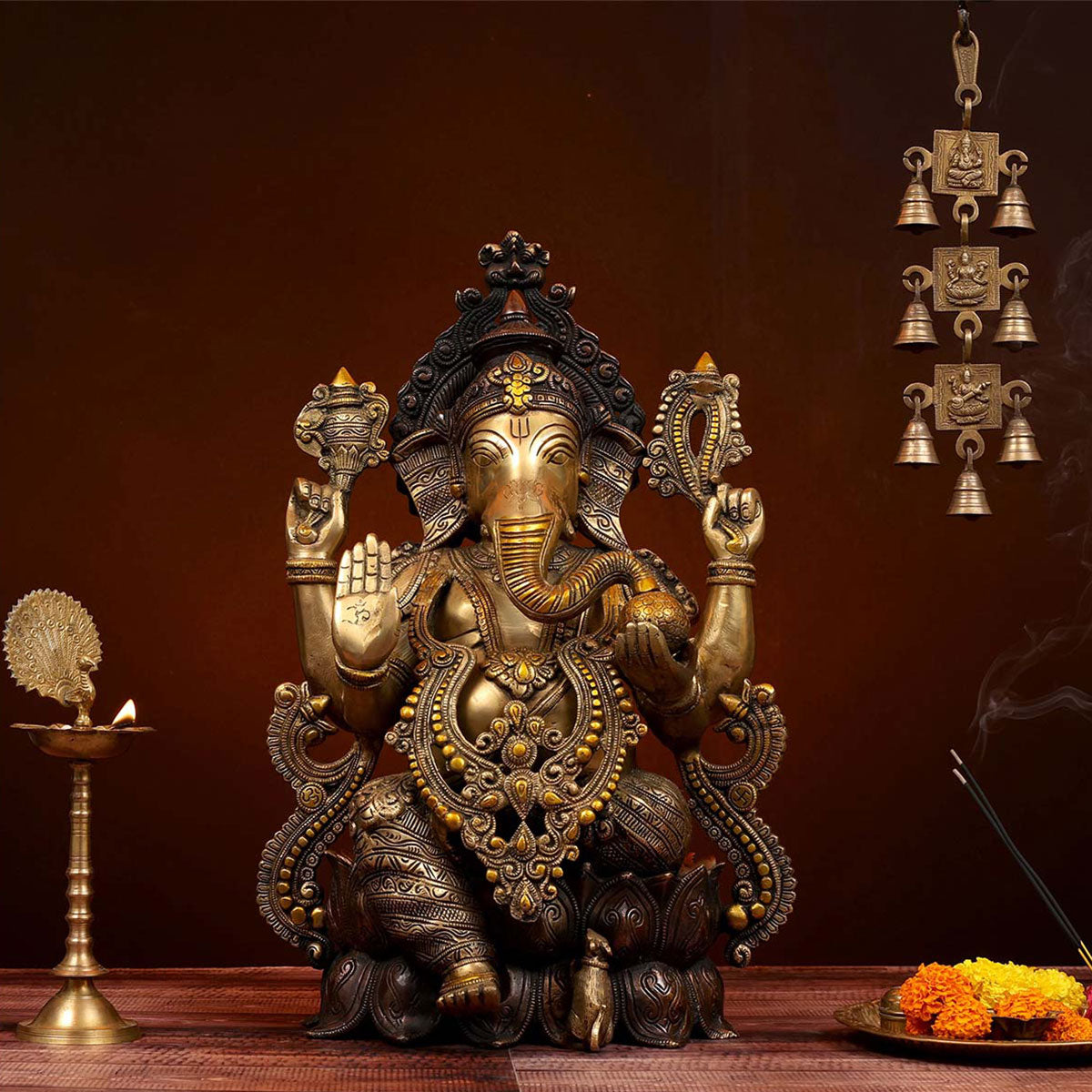 Lord Ganesha in 3 color Tone Idol made of Pure Brass - 13 x 10 x 22 Inch, 21.6 Kg