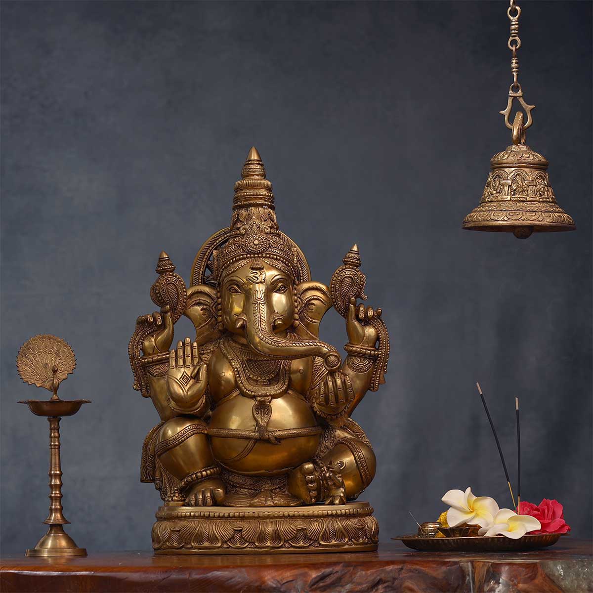 Lord Ganesha sitting Idol made of Pure Brass - 13 x 8 x 21 Inch, 22.7 Kg