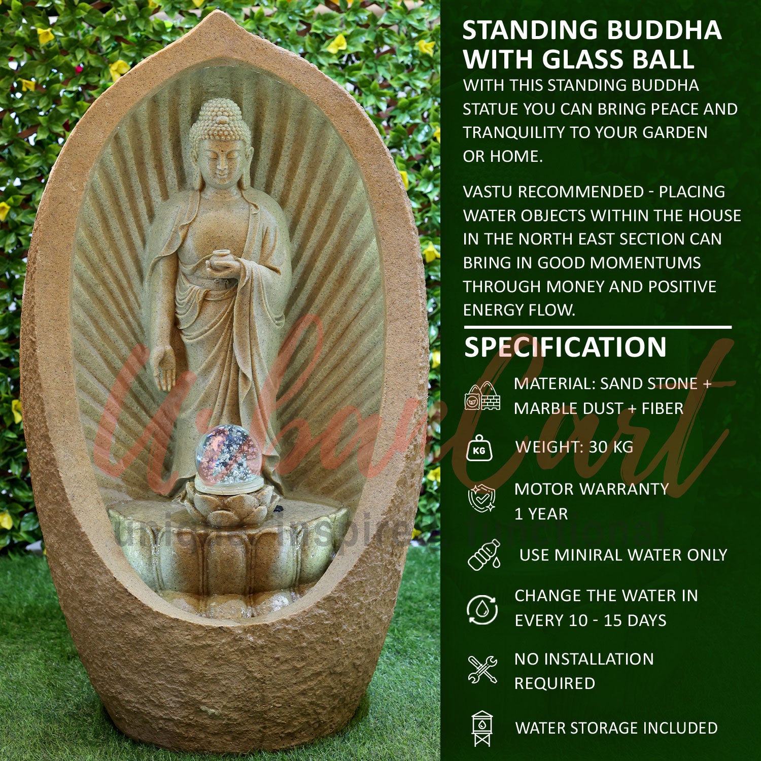 Standing Buddha with Glass Ball Water Fountain