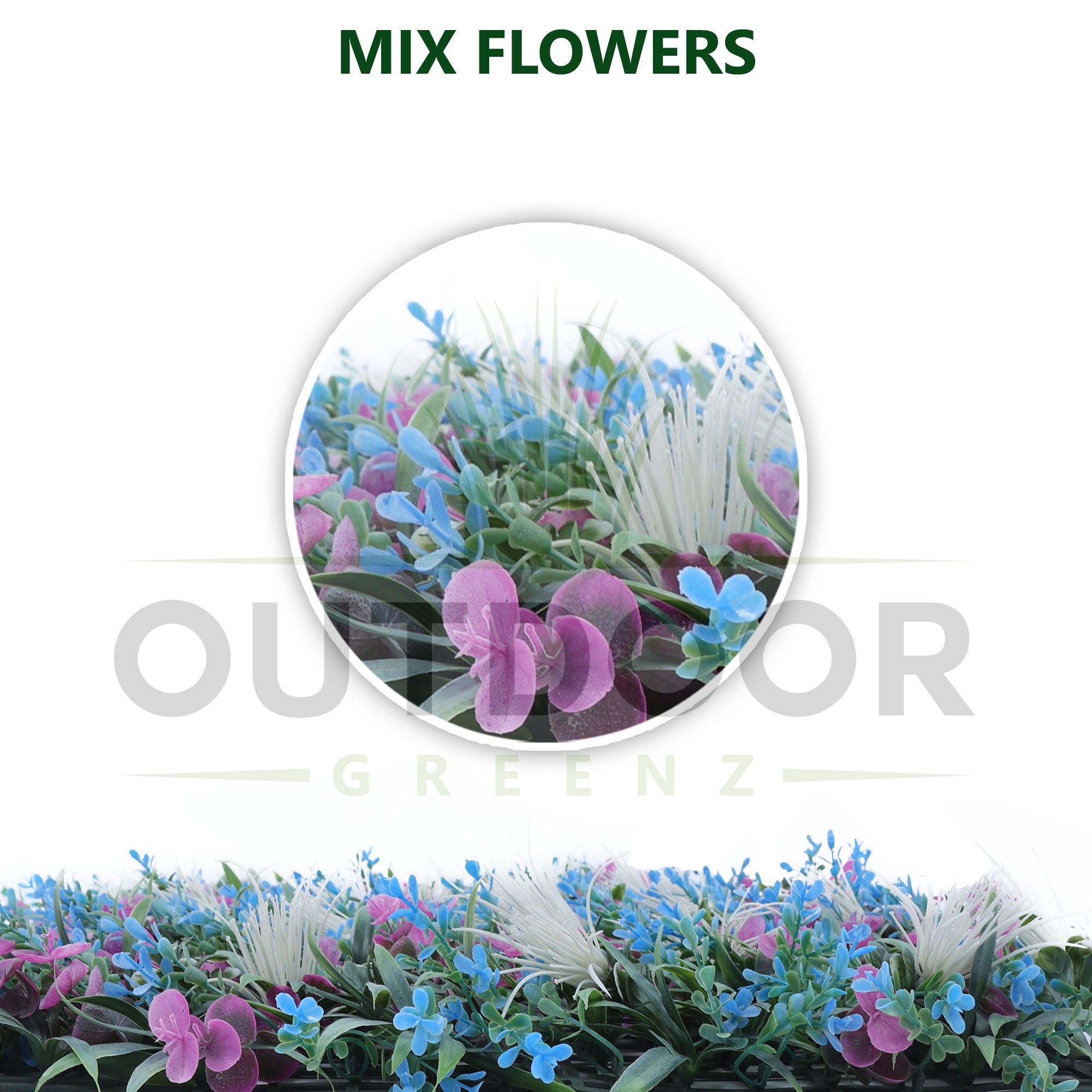 White Purple Flowers with Blue Green Leaves Artificial Vertical Green Garden - Details