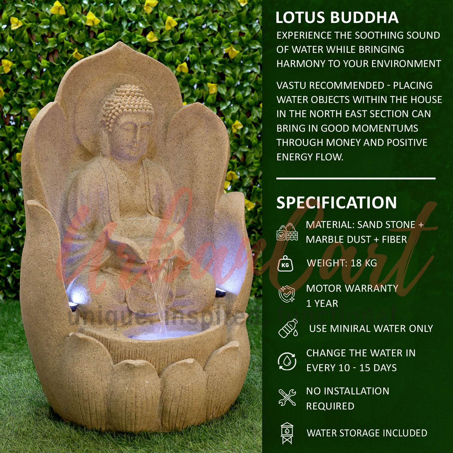 Buddha in Lotus Water Fountain with LED
