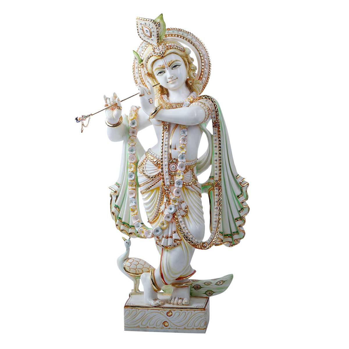 Krishna Playing Bansuri Standing Statue Made of Soft Marble - 15 x 6 x 27 Inch, 15.5 Kg