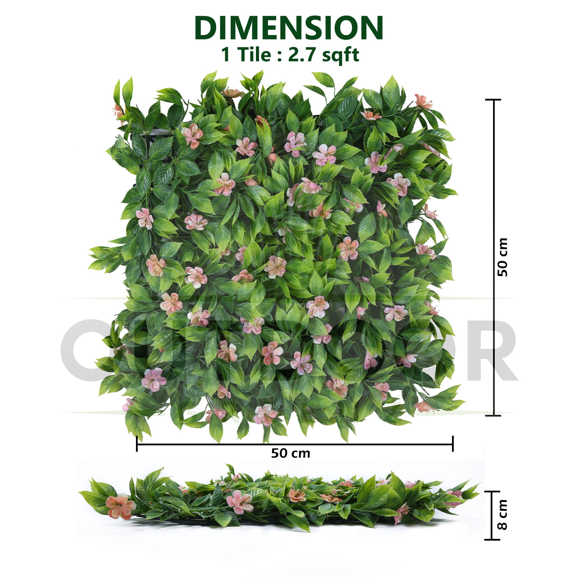 Pink Flowers with Green Leaves Artificial Vertical Garden Tile - Dimension