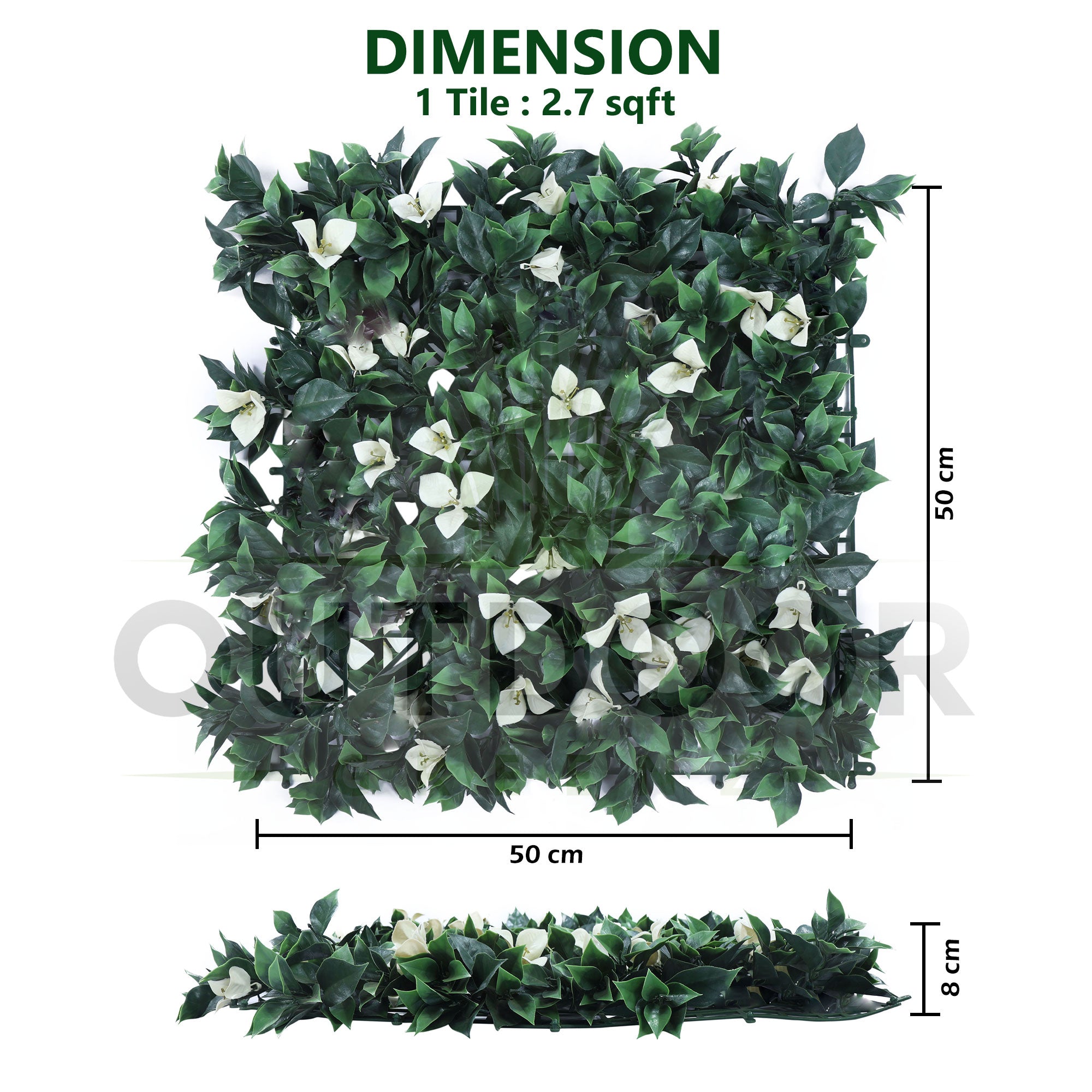 White Flowers with Green Leaves Vertical Green Garden Wall Tile (Size: 50cm x 50cm, Pack of 1)