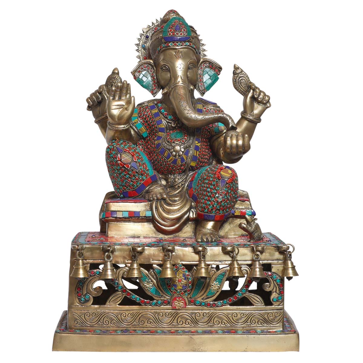 Lord Ganesha color stone sitting on bell stagec Idol made of Pure Brass - 15 x 10 x 21 Inch, 24 Kg