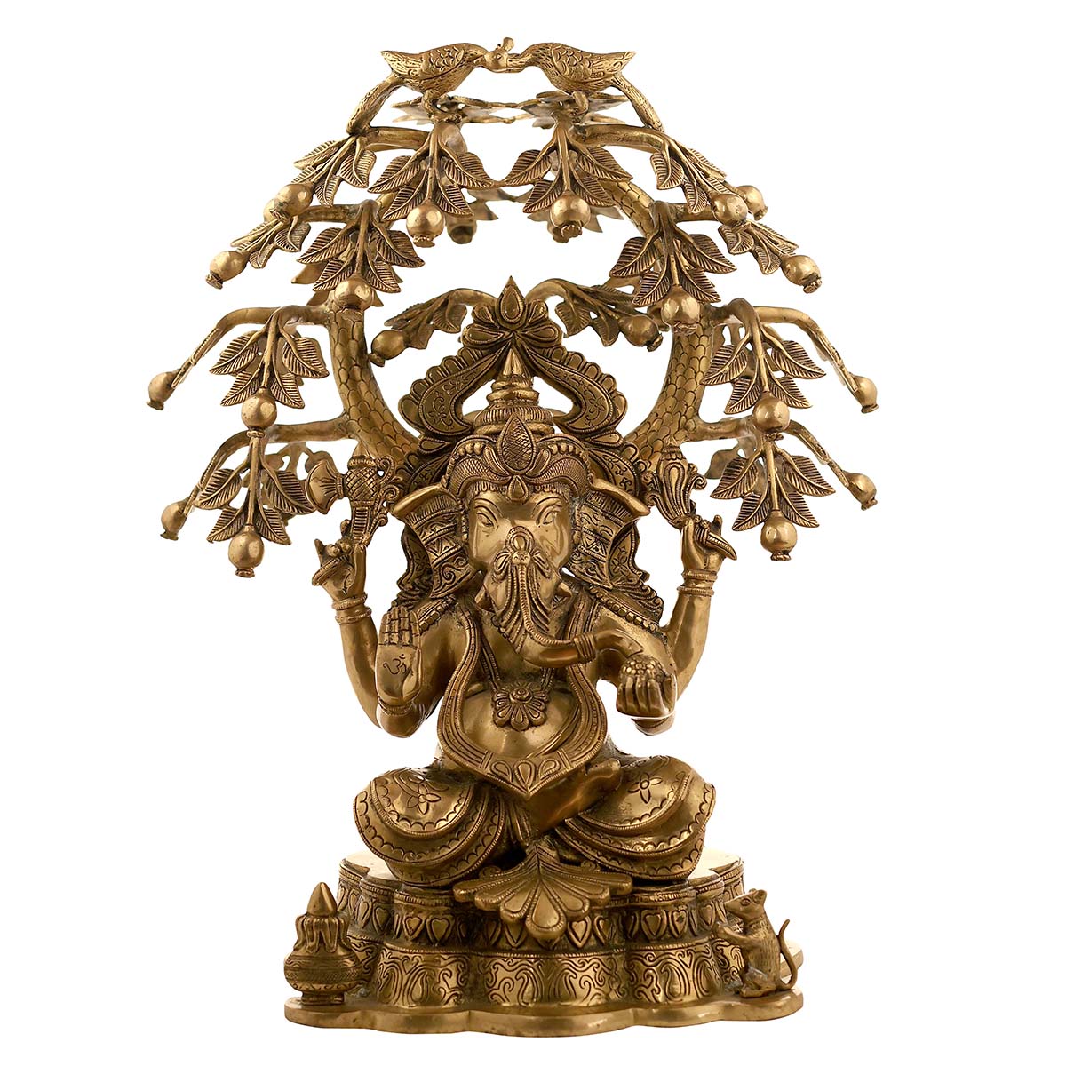 Lord Ganesha sitting under tree and peacocks Idol made of Pure Brass - 22 x 20 x 25 Inch, 28.3 Kg