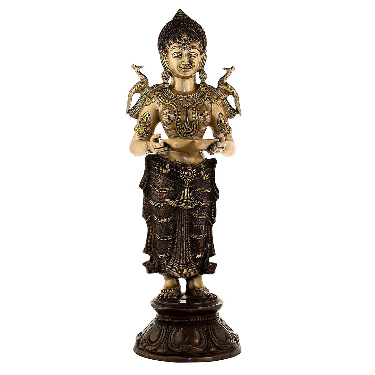 Lord laxmi Standing with Deep Made of Pure Brass - 10 x 9.5 x 30 Inch, 15.8 Kg