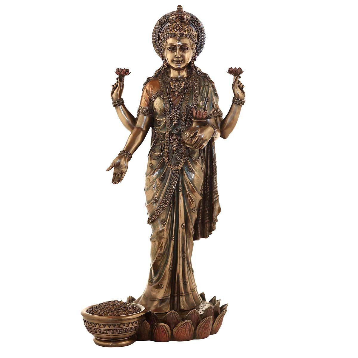 Lord Laxmi Standing With loutas Made of Bronze Composite - 12 x 11.5 x 26 Inch, 5.7 Kg
