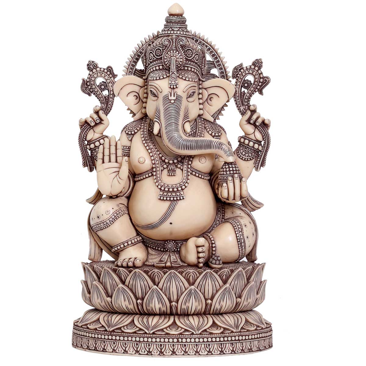 Lord Ganesha sitting on Lotus Idol Ivory made of Soft stone - 9 x 4.5 x 15 Inch, 4.4 Kg