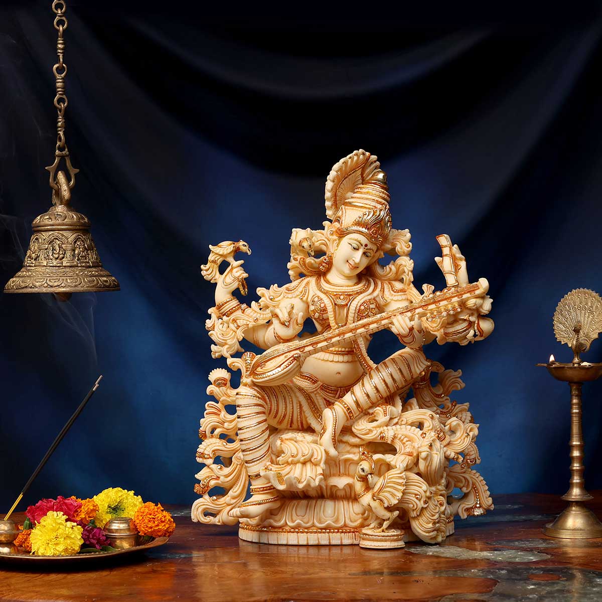 Saraswati Idol Made of Soft Marble - 15 x 7 x 18 Inch, 9 Kg