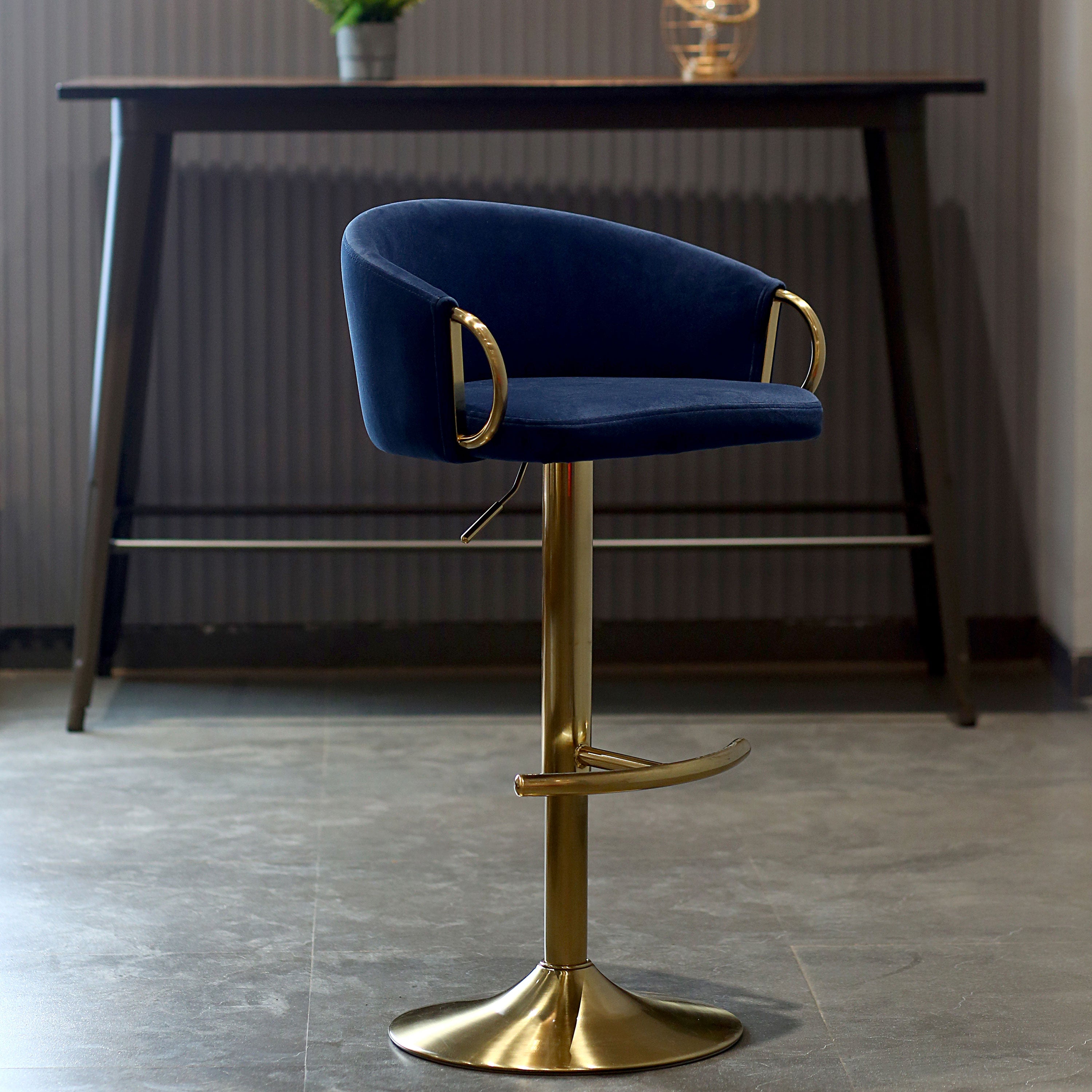 Violet Blue Upholstered Antique Barstool With Adjustable Height, Swivel & Velvet Cushion Seat