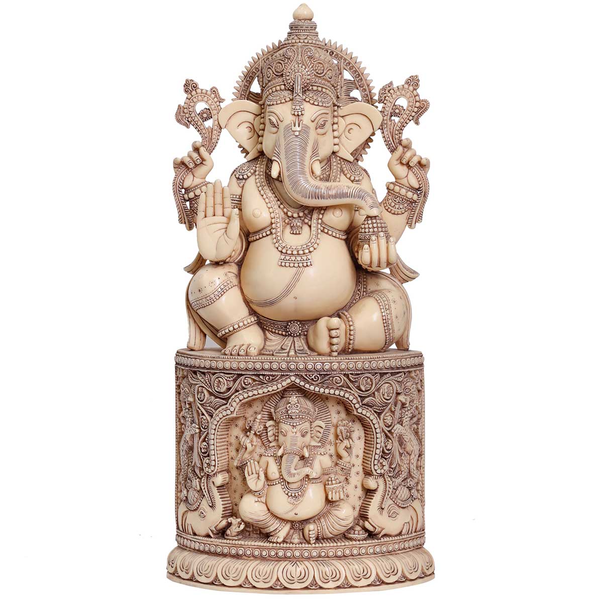 Lord Ganesha sitting on ganesha pedestal Idol Ivory made of Soft stone - 9 x 5 x 18 Inch, 5.8 Kg