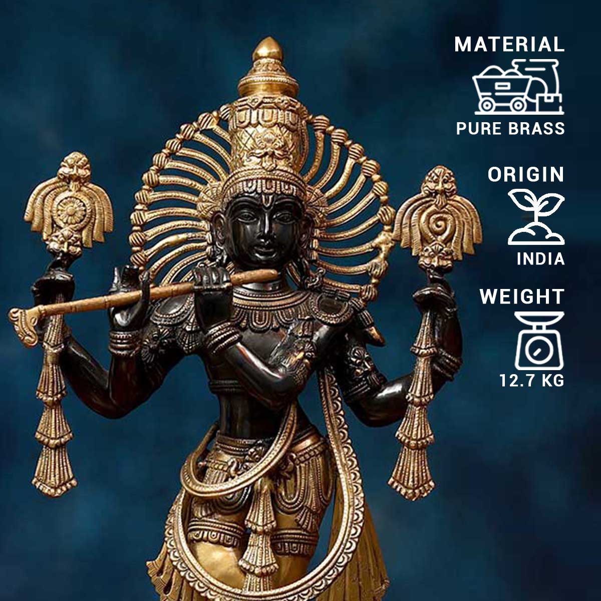Lord Krishna Brass Statue in Black - 12 x 6.5 x 23.5 Inch, 12.7 Kg