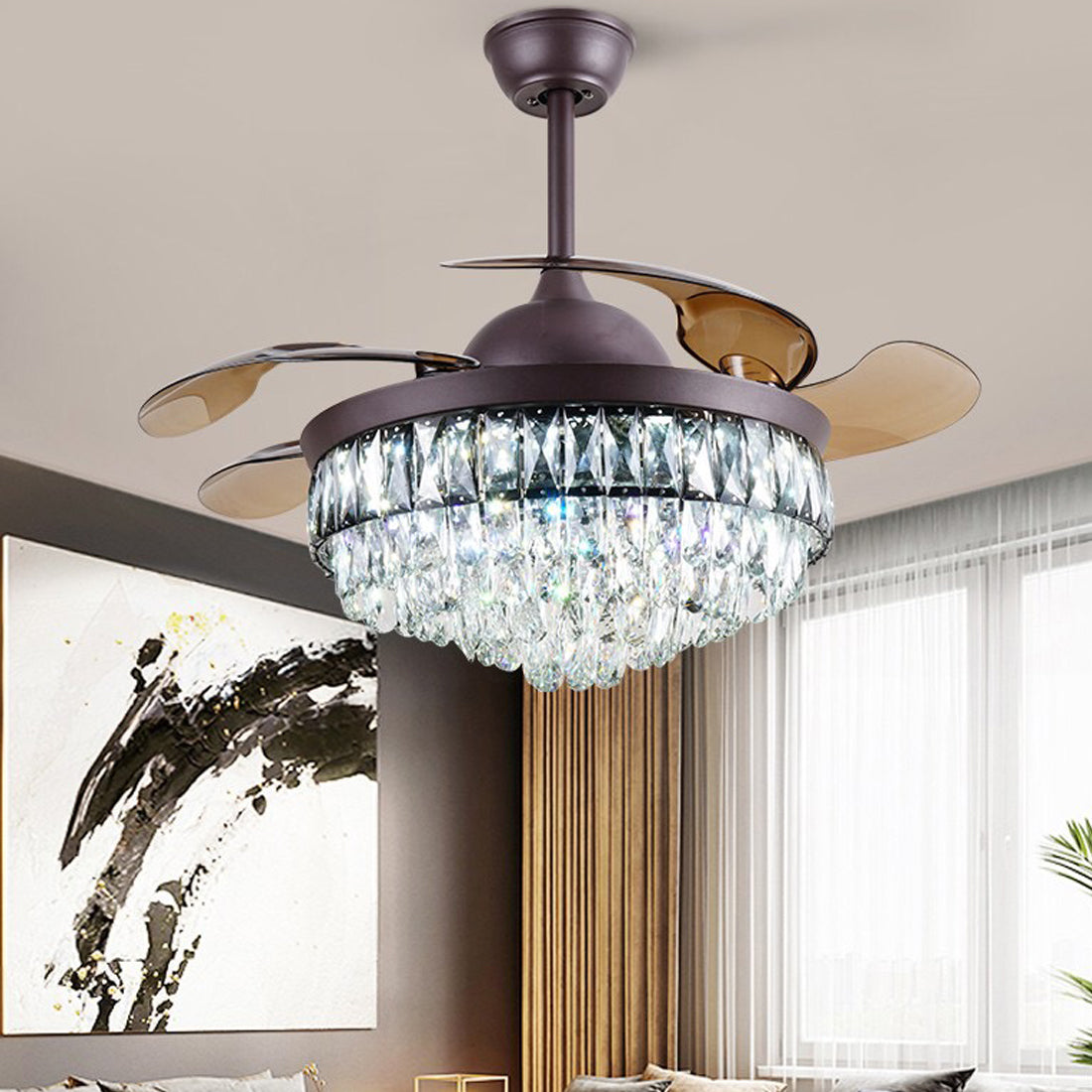 42 Inch Crystal Chandelier Ceiling Fan with LED Light and Blades- Brown Fan urbancart.in