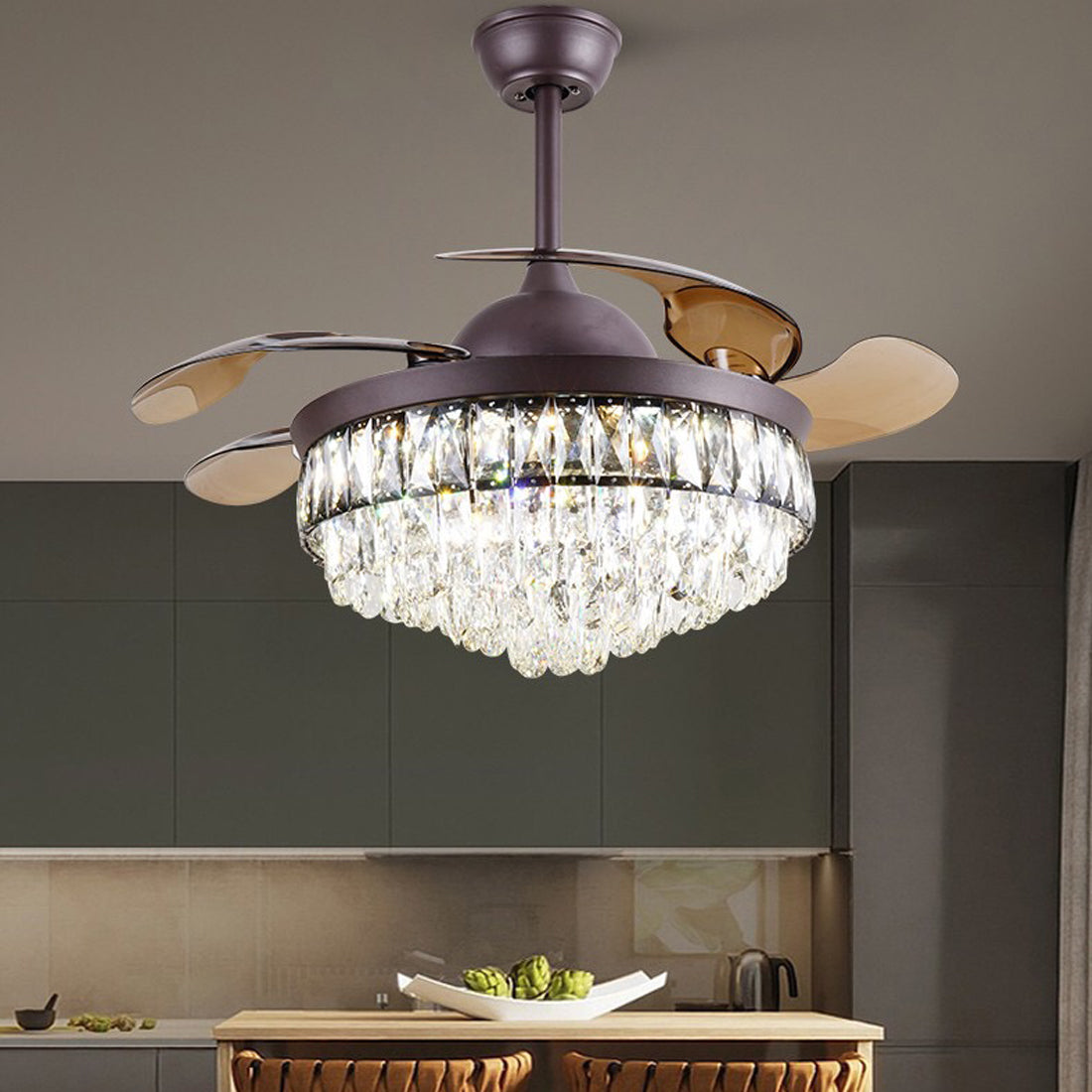 42 Inch Crystal Chandelier Ceiling Fan with LED Light and Blades- Brown Fan urbancart.in
