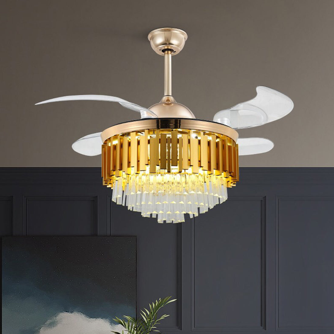 Modern Chandelier Fan with LED Light and Blades- Yellow, Gold Fan urbancart.in