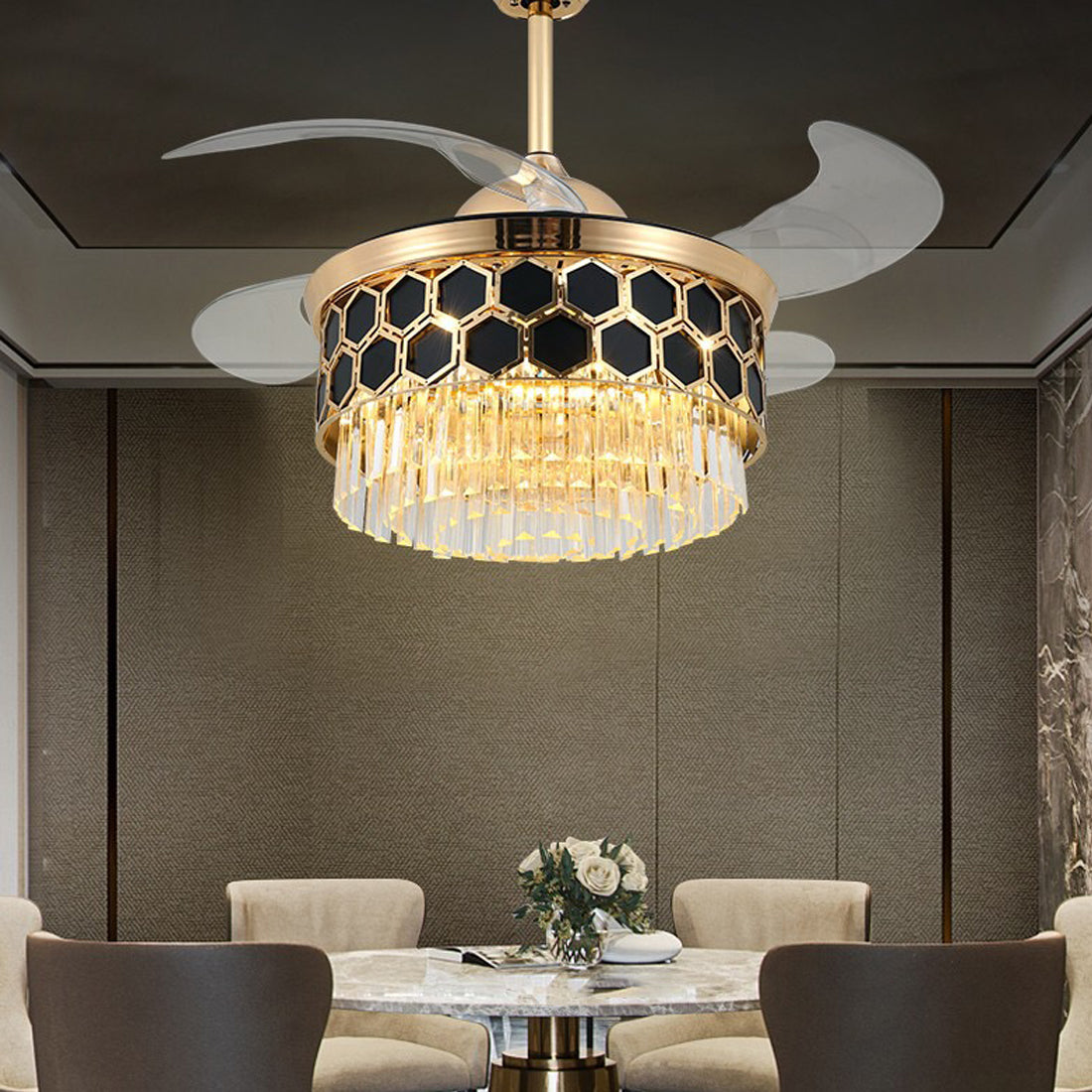 Chandelier Ceiling Fan with LED Light and Retractable Blades- Black Fan urbancart.in