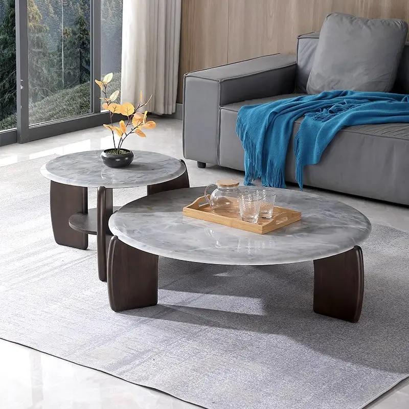 ESPINHO Round Coffee Table, Set of 2 Coffee Tables for Living Room, Circle Coffe Table, Modern Center Tea Table Marble Top Wooden base Accent Table.