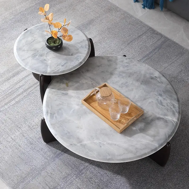 ESPINHO Round Coffee Table, Set of 2 Coffee Tables for Living Room, Circle Coffe Table, Modern Center Tea Table Marble Top Wooden base Accent Table.