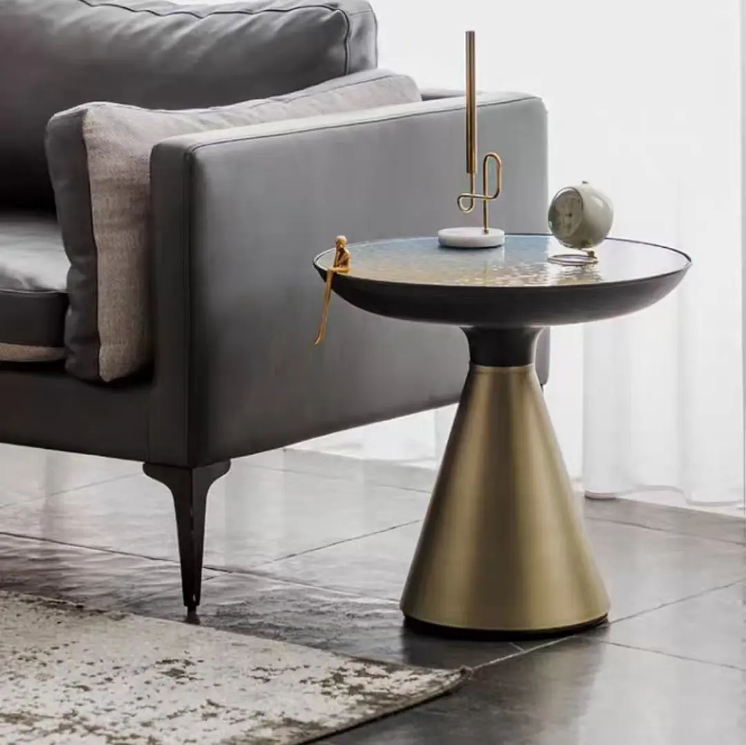 SYROS Round Coffee Table, Modern Room Accent Side Tea Table, Industrial Sofa Table for Dining Room with Glass