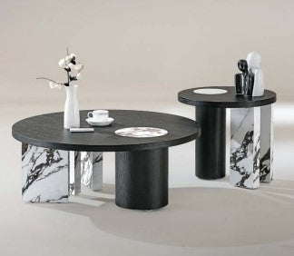 KOMIZA Modern Set of 2 Marble Look Coffee Table End Table Center Table Snackes Tea Table for Living Room Bedroom (BLack)