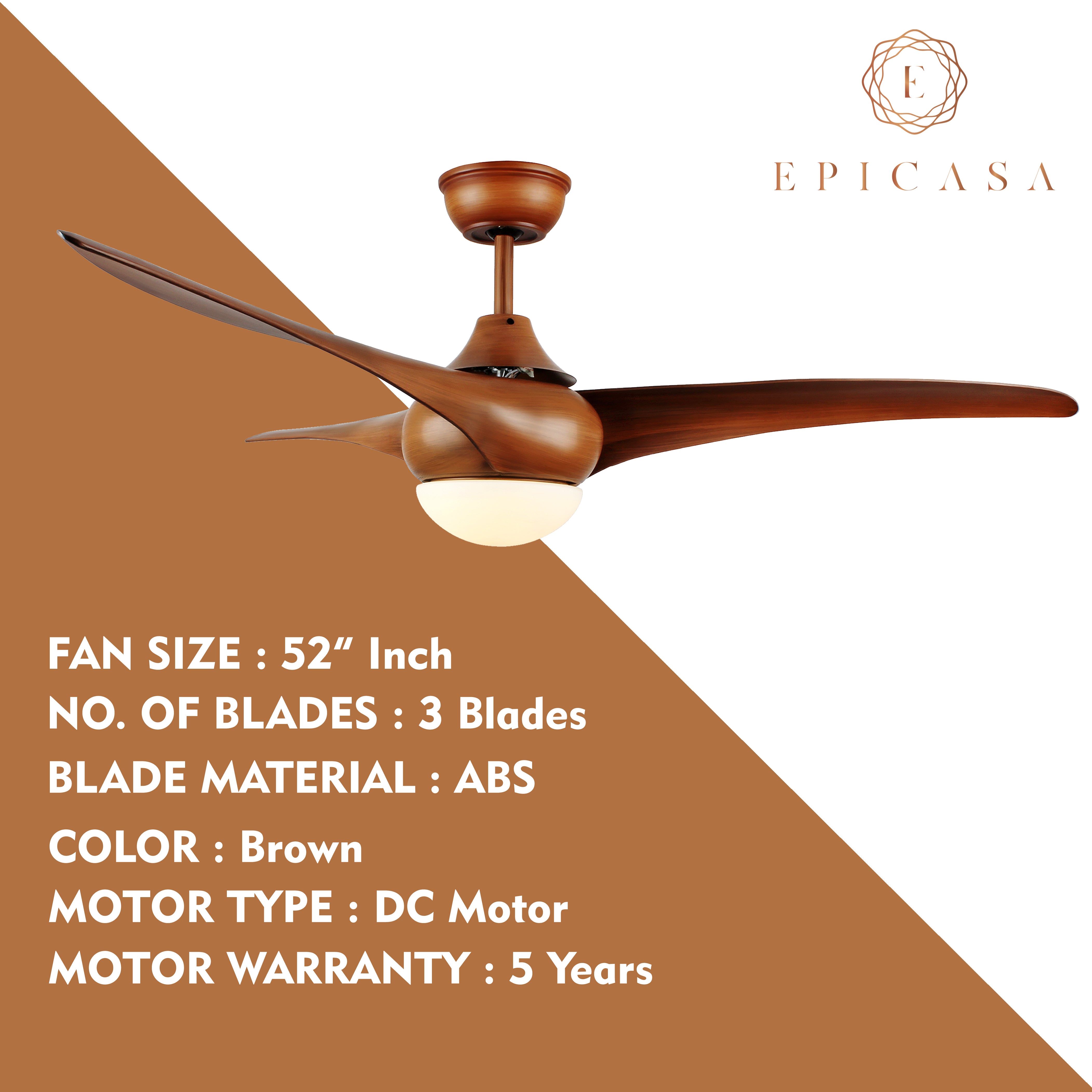 52 Inch Ceiling Fan with 3 Wooden Texture ABS Blades and LED Light.
