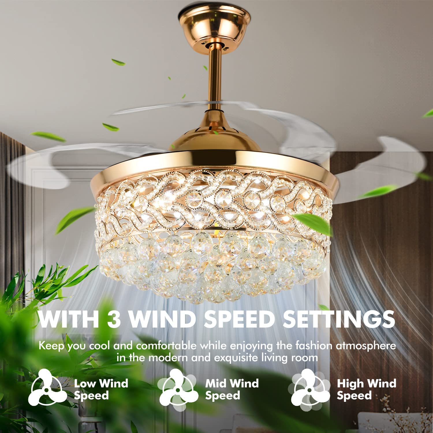 Chandelier Ceiling Fan with LED Light and 4 Acrylic Blades - 42 Inch