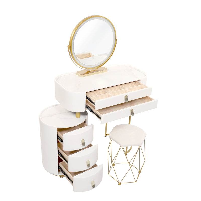 Pearl Vanity Desk with 3-Color Touch Screen Lighted Mirror, 5 Drawers, Makeup Vanity Table Set with Lights, Dressing Table for Women Girls - White