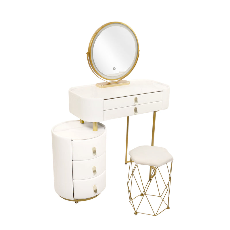 Pearl Vanity Desk with 3-Color Touch Screen Lighted Mirror, 5 Drawers, Makeup Vanity Table Set with Lights, Dressing Table for Women Girls - White