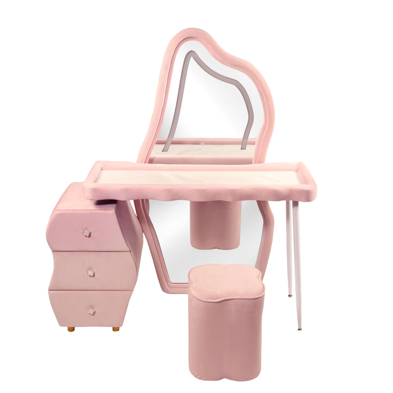 Flamingo Dressing Table with Lighted Mirror, Vanity Set with 3 Drawers and Cushioned Stool, Pink Modern Vanity Table Bedroom Furniture Dresser - Pink