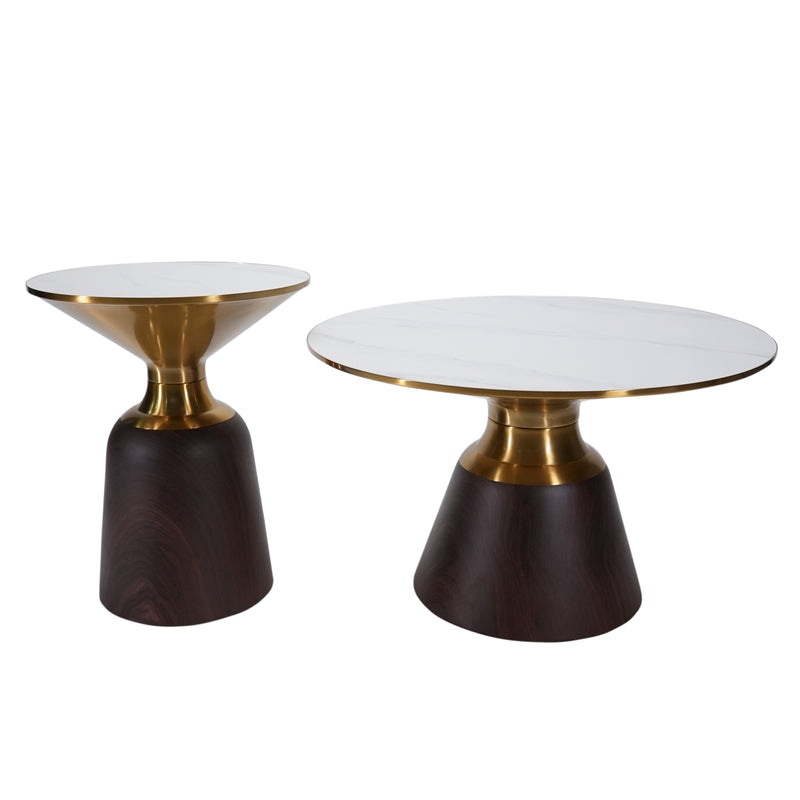 Avior Small Modern Round Side Table With Marble Top and Metal Base for Living Room, Bedroom, Sofa and Couch - Brown