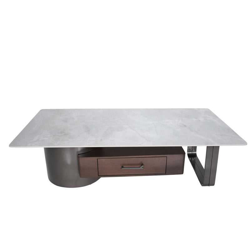 Preston Center Table With Marble Top And Iron + Metal Base With Storage - Brown