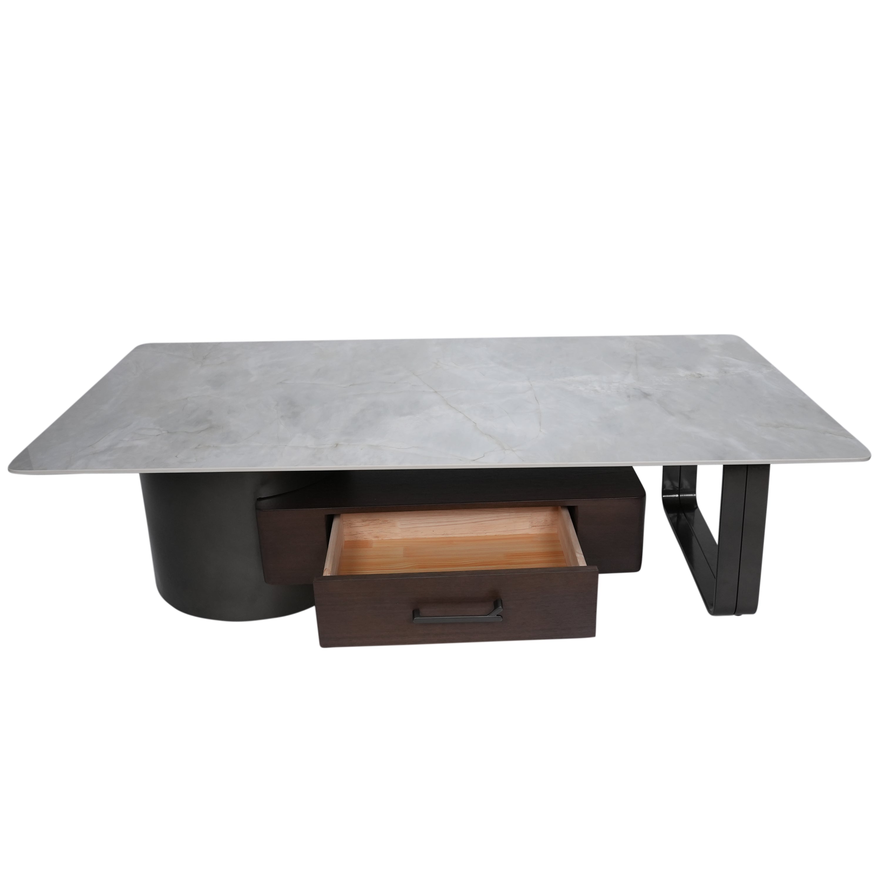 Preston Center Table With Marble Top And Iron + Metal Base With Storage - Brown