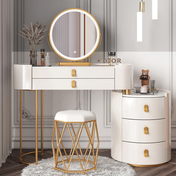 Pearl Vanity Desk with 3-Color Touch Screen Lighted Mirror, 5 Drawers, Makeup Vanity Table Set with Lights, Dressing Table for Women Girls - White