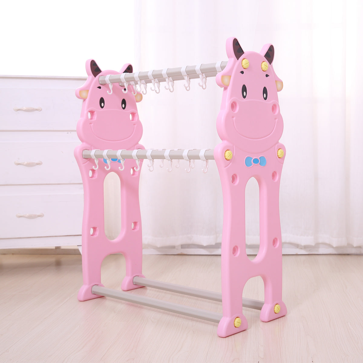 Cute Cattle 4-Tier Clothes Drying Organizer Stand Hanger with 40 Hook (Pink)